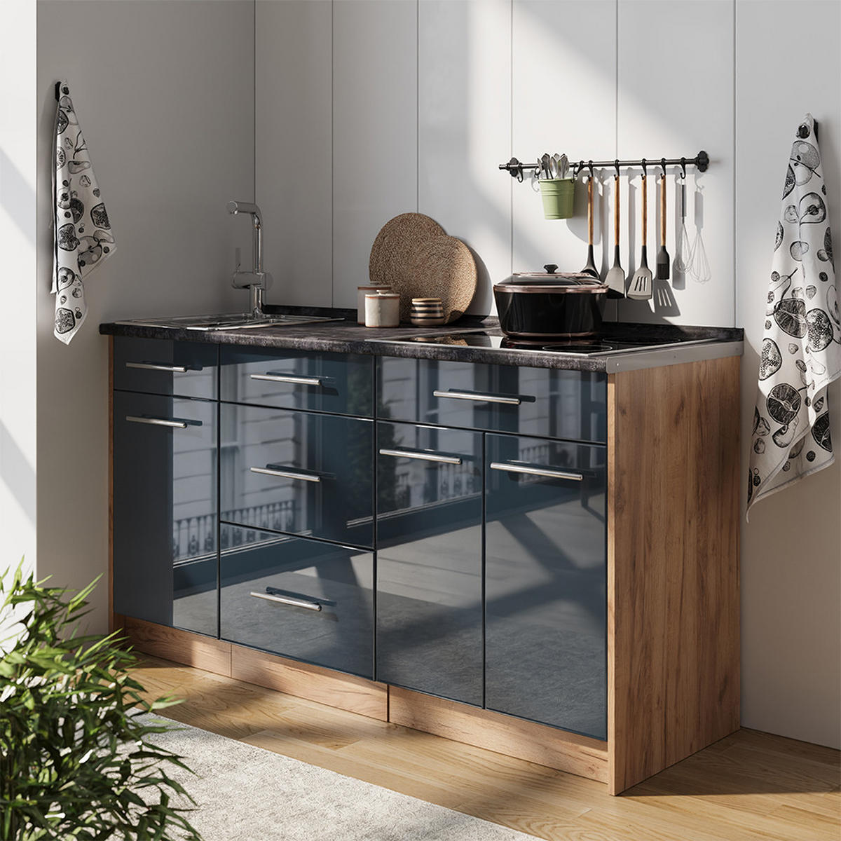 KUCHYNSKÝ BLOK Fame-Line, Tmavo modrá vysoký lesk, 150 cm, AP Marble - tmavomodrá/dub medový, kompozitné drevo (150/82/60cm) - Vicco