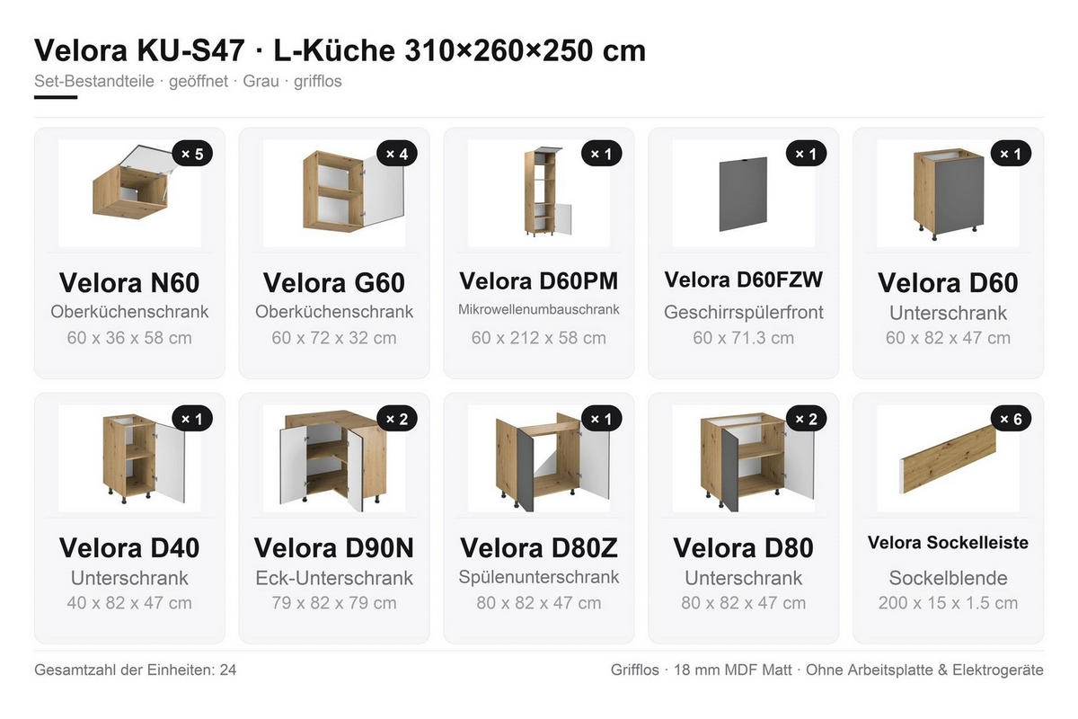 U-KÜCHE 310 x 260 x 250 cm VELORA – KU-S47 – Grau - Grau, Holzwerkstoff (310/248/260cm) - hi-markt