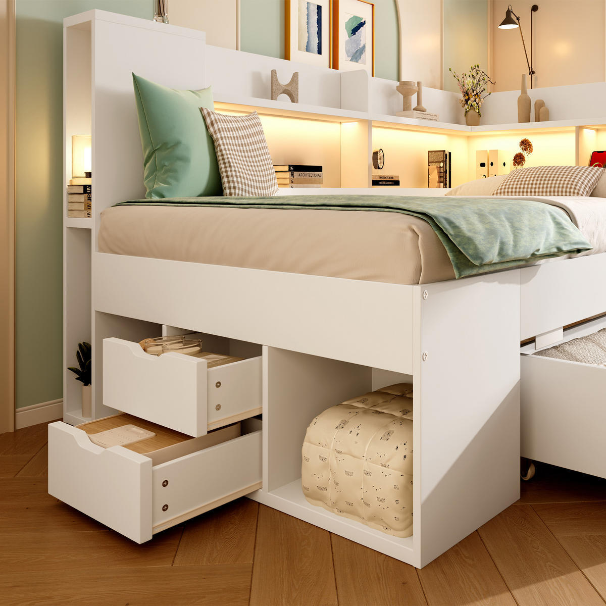 POLSTERBETT 90/190 cm mit LED-Beleuchtung, USB- und Typ-C-Anschluss, Stauraum und Lattenrost, Weiß - Weiß, Textil (90/190cm) - Redom