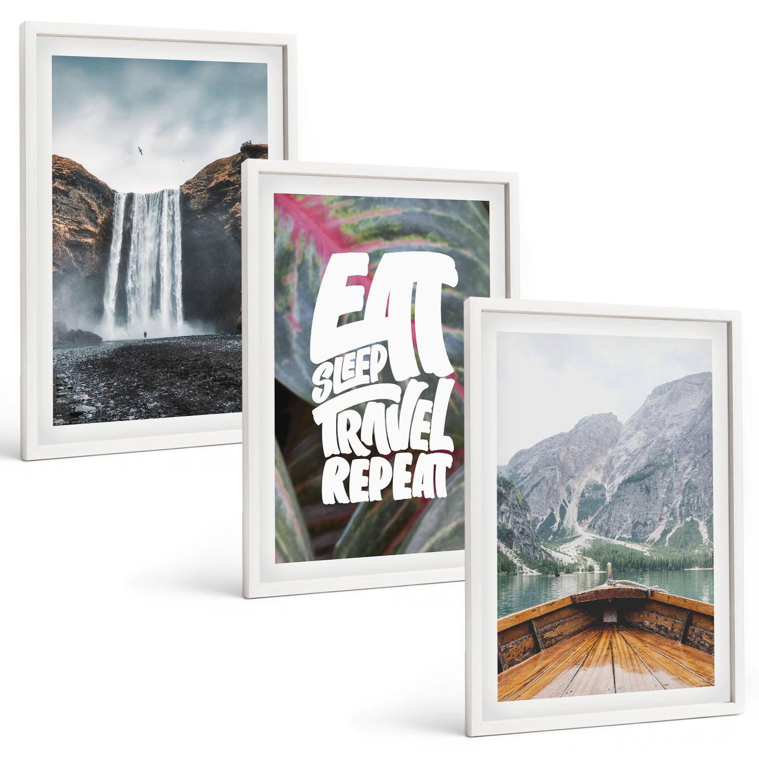 BILDER SET 3er Set - 40x60 cm Weißer Rahmen - Wasserfall Berge Natur Boot - Weiß, Kunststoff (40/60cm) - TULUP