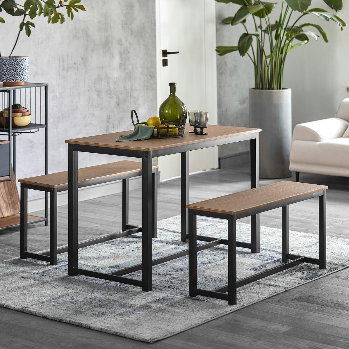 ESSTISCH + 2 x SITZBÄNKE - Braun, Holzwerkstoff/Metall (110/74/58cm) - SoBuy