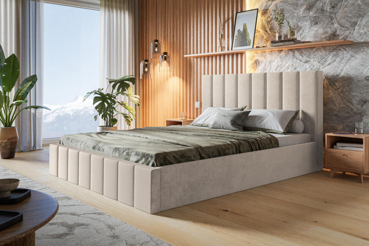 BETT 180x200 - Polsterbett mit Bettkasten und Holzrahmen - Modern Betten - Weicher Jasminstoff - Kollektion Toledo - Beige - Beige, Holz/Textil (180/200cm) - Alpi-Möbel