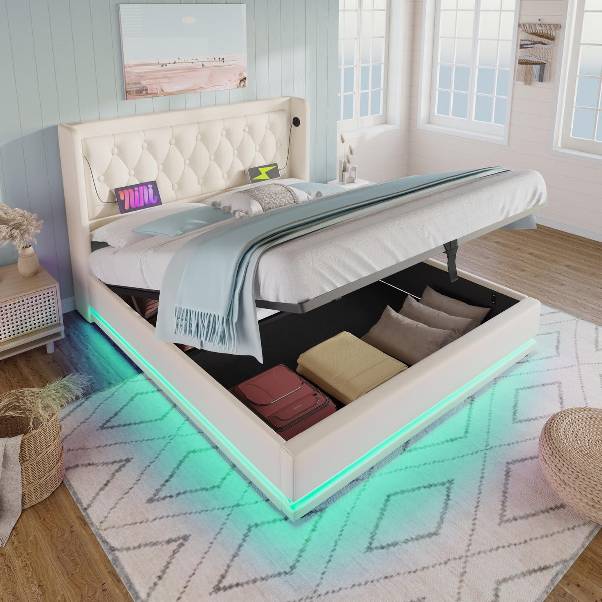 POLSTERBETT aus Kunstleder 180x200 cm in Weiß mit LED & USB-C-Ladestation - Weiß, Leder (180/200cm) - Modfu