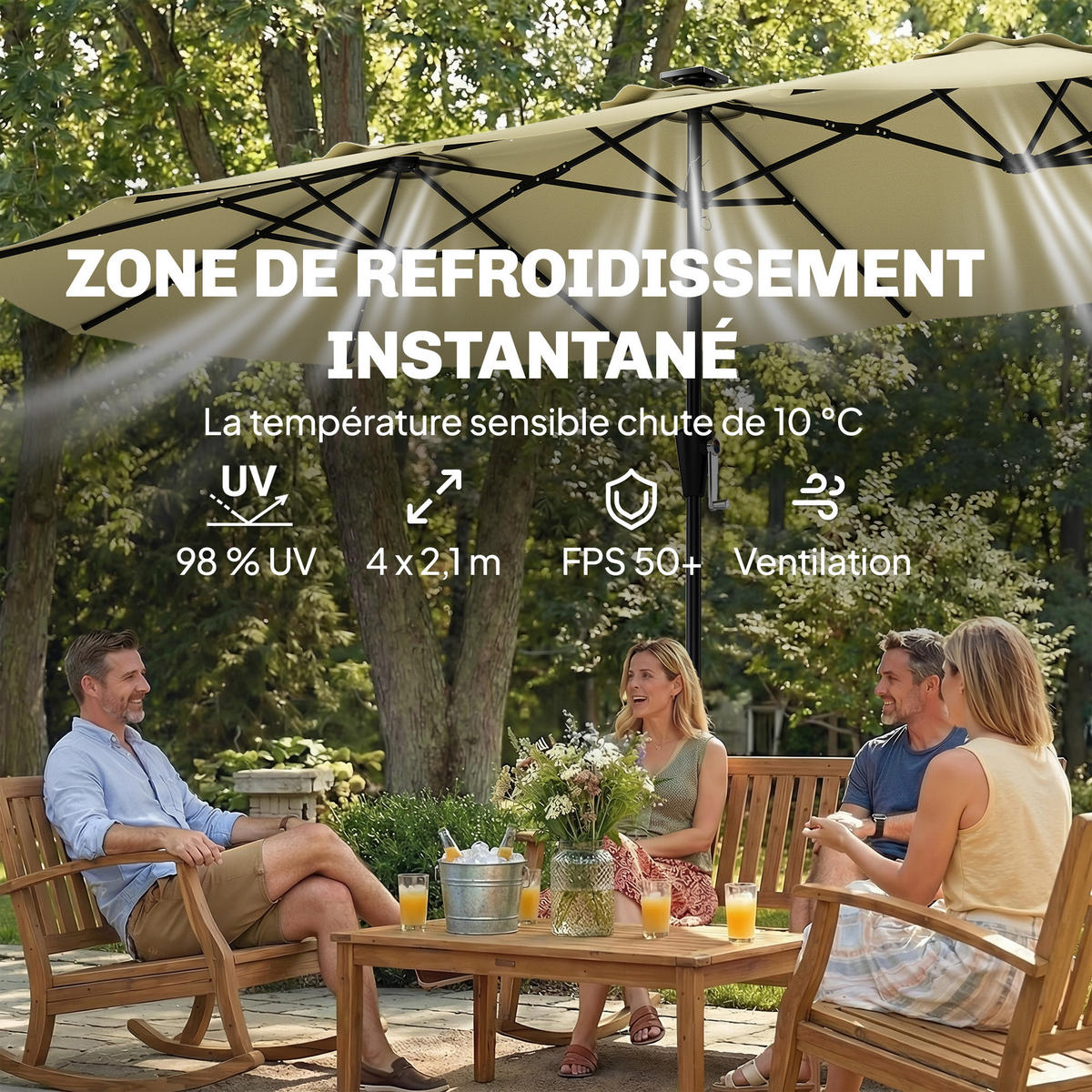 DOPPELSONNENSCHIRM Beige 395/215/238 cm mit LED-Beleuchtung - Beige, Metall (395/215cm) - PANGIVO