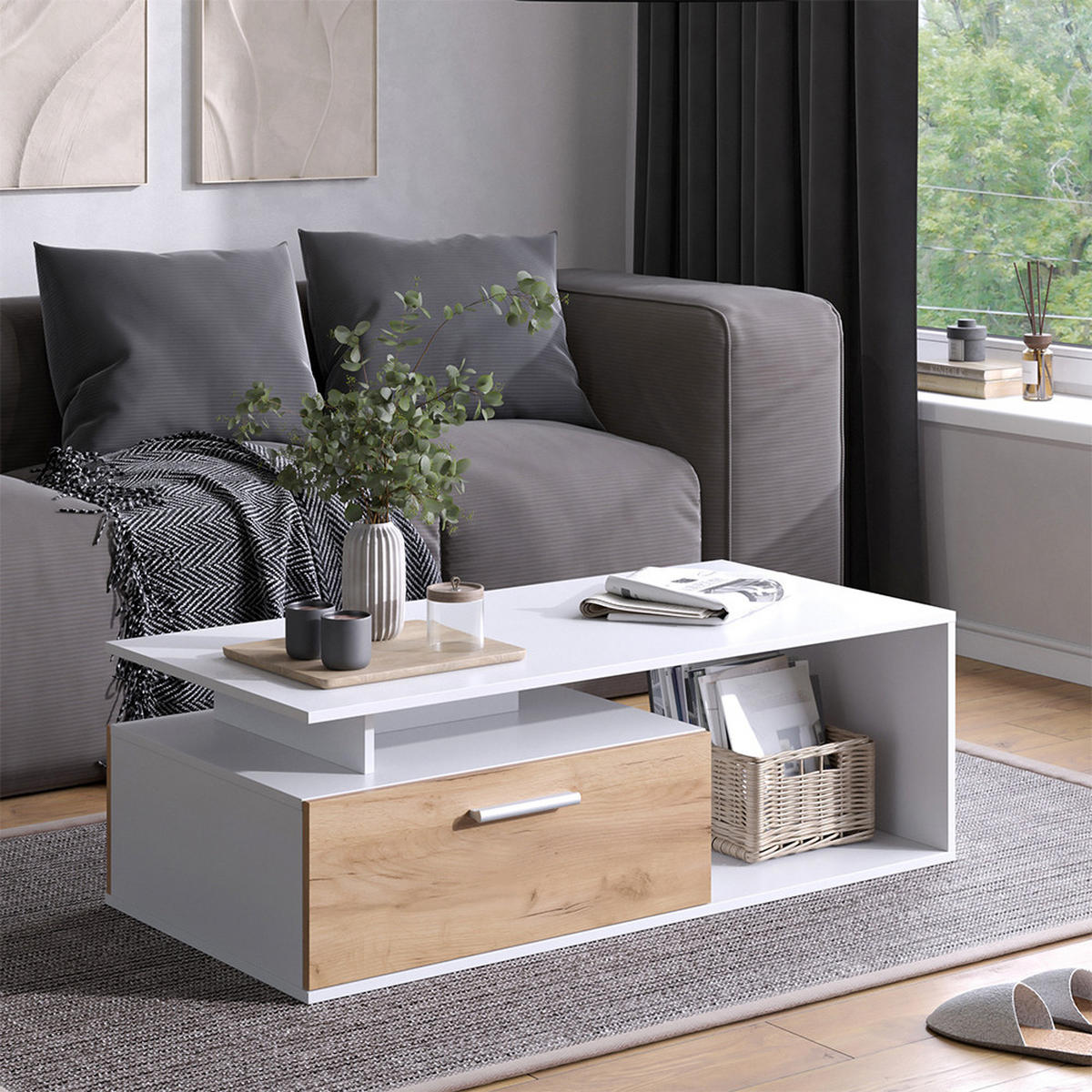 COUCHTISCH Roland Weiß/Goldkraft Eiche 118 x 59 cm - Eiche Wotan/Weiß, Holzwerkstoff (59/118/39.8cm) - Vicco
