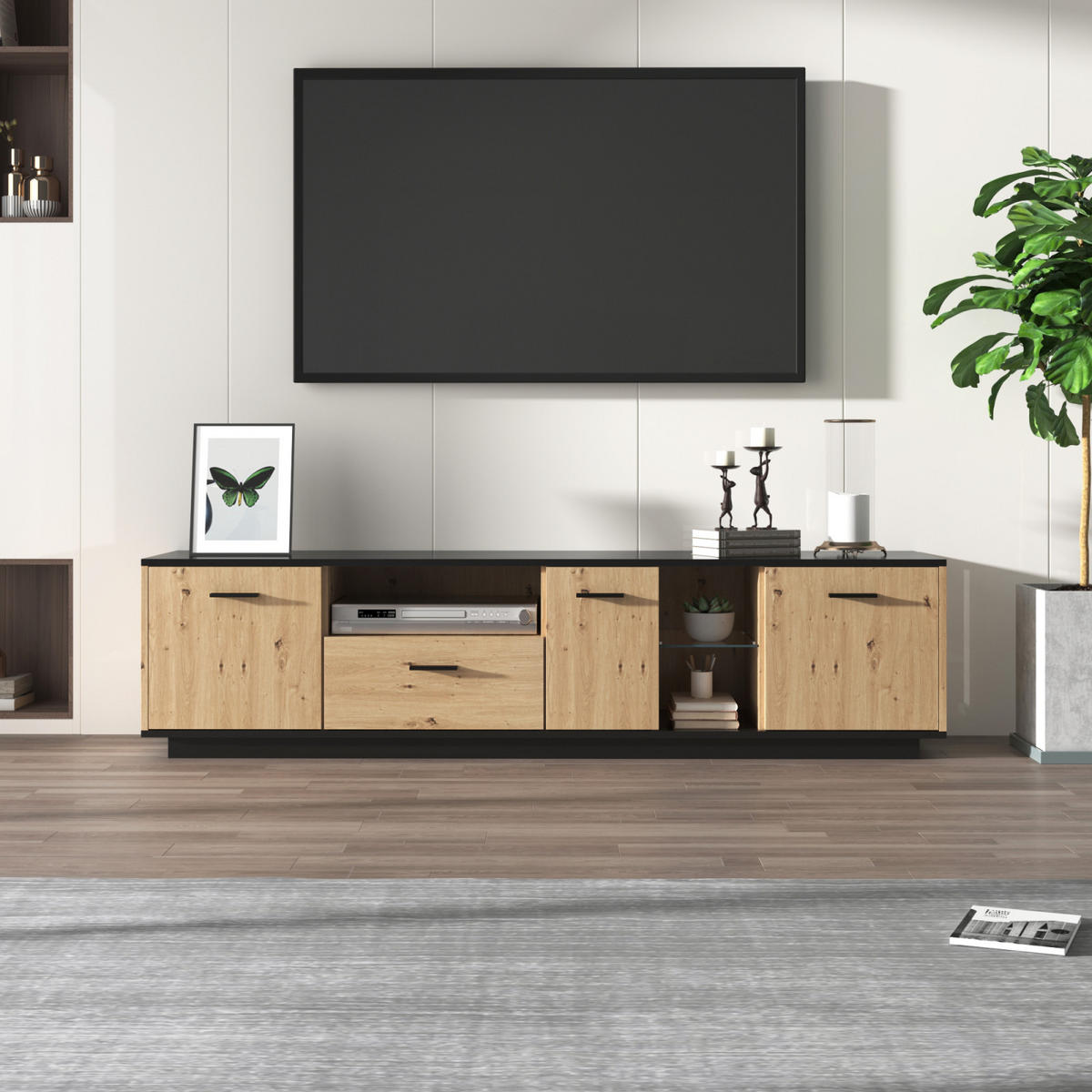 TV Lowboard LED, 3 Türen, 2 offene Fächer, Schwarz Natur - Schwarz, Holz (180/50/40cm)