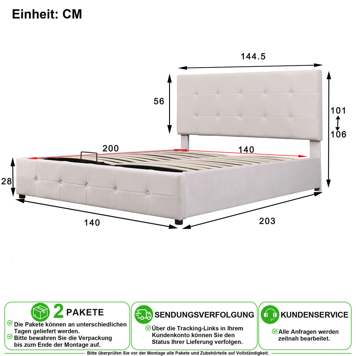 POLSTERBETT 140/200 cm in Cremeweiß mit Bettkasten, höhenverstellbarem Kopfteil und Metalllattenrost - Beige, Holzwerkstoff/Textil (140/200cm) - CHICFURN