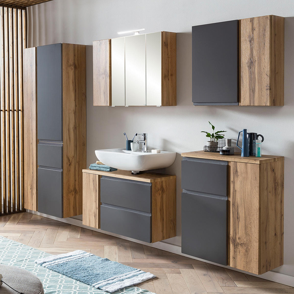BADMÖBEL-SET 5-TLG. Vasto-03 - Grau, Holzwerkstoff (245/200/35cm) - Lomado