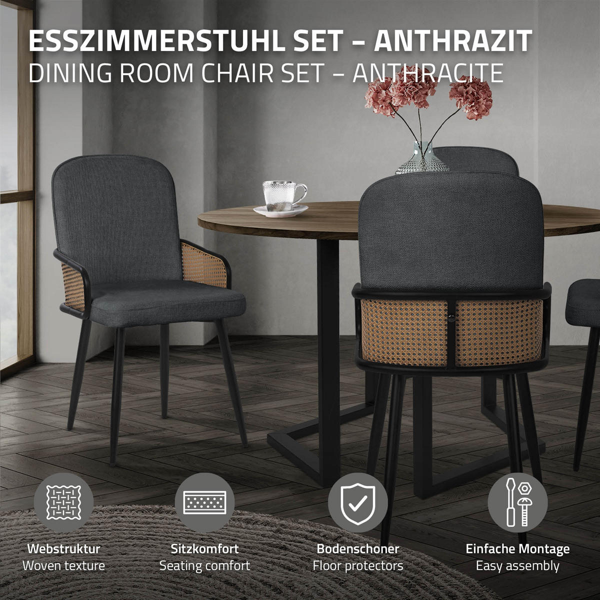 ESSZIMMERSTÜHLE 4er Set Anthrazit mit Stoffbezug Rattan Optik - Anthrazit/Schwarz, Naturmaterialien/Textil (51/91/61cm) - ML-DESIGN