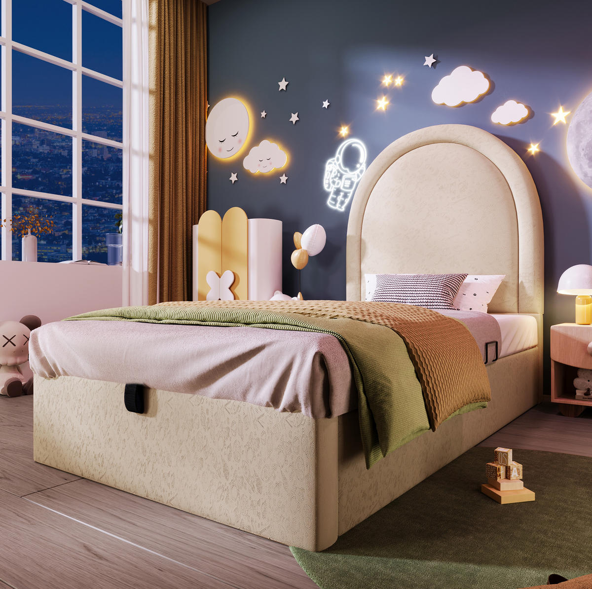 KINDERBETT 90/200 cm in Beige mit Stauraum und hydraulischem Lattenrost - Beige, Kunststoff (90/200cm) - BEAOK