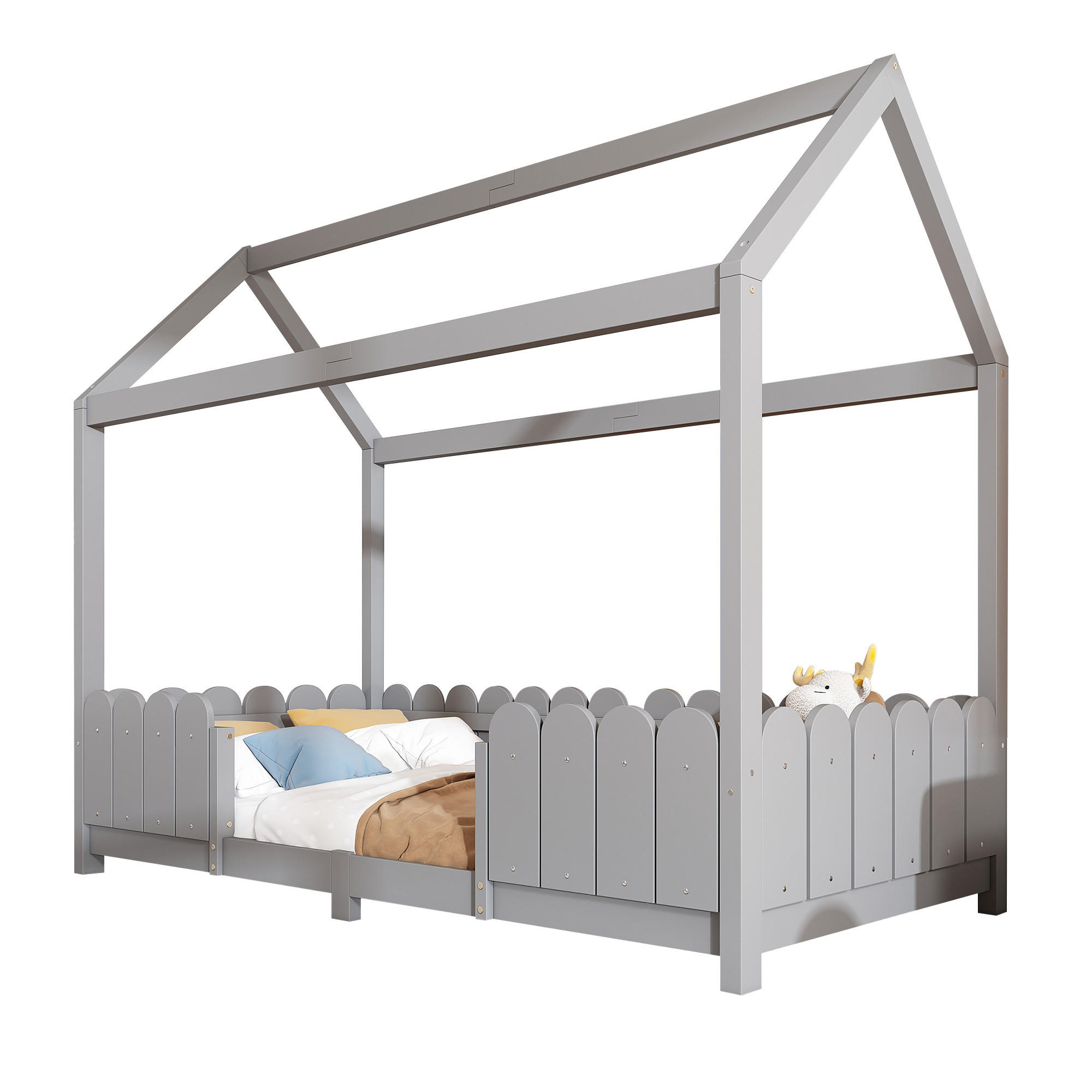HAUSBETT 90/200 cm grau mit Rausfallschutz und Lattenrost - Grau, Holz (90/200cm) - OKWISH
