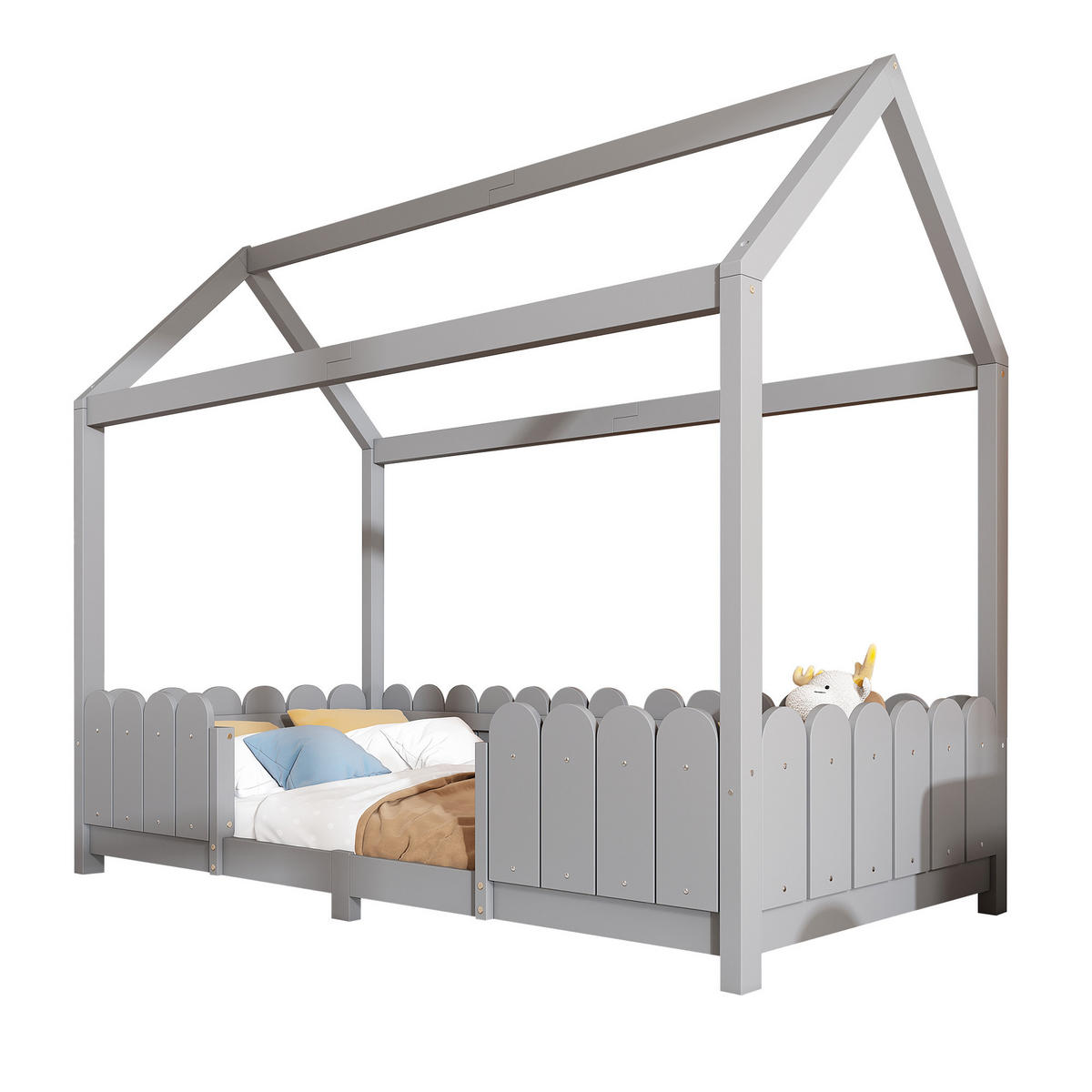HAUSBETT 90/200 cm grau mit Rausfallschutz und Lattenrost - Grau, Holz (90/200cm) - OKWISH