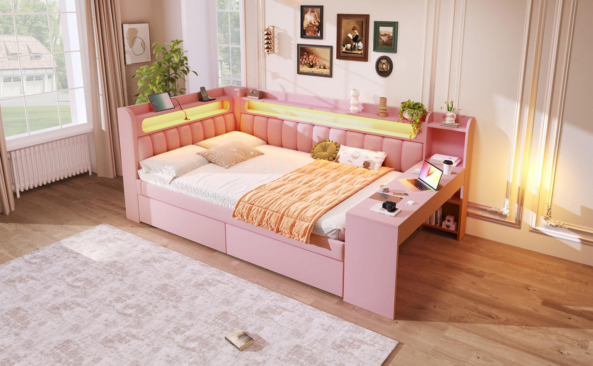 TAGESBETT 140x200 cm mit LED-Beleuchtung, USB-Anschluss, Schreibtisch und zwei Schubladen, gepolstert, rosa - Rosa, Holzwerkstoff (140/200cm) - Luhomfu
