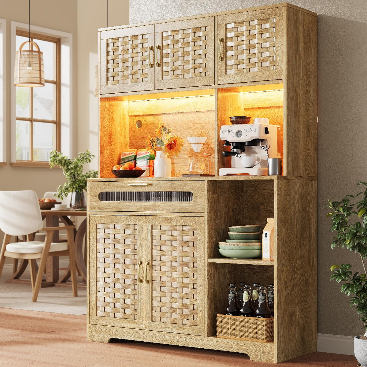 KÜCHENSCHRANK MIT APP-STEUERUNG UND LED, Vitrinenschrank mit Glastüren und Schubladen, MDF, für Wohnzimmer und Esszimmer, 120/180/40 cm - Naturfarben, Kunststoff (40/180/120cm) - Rolipo