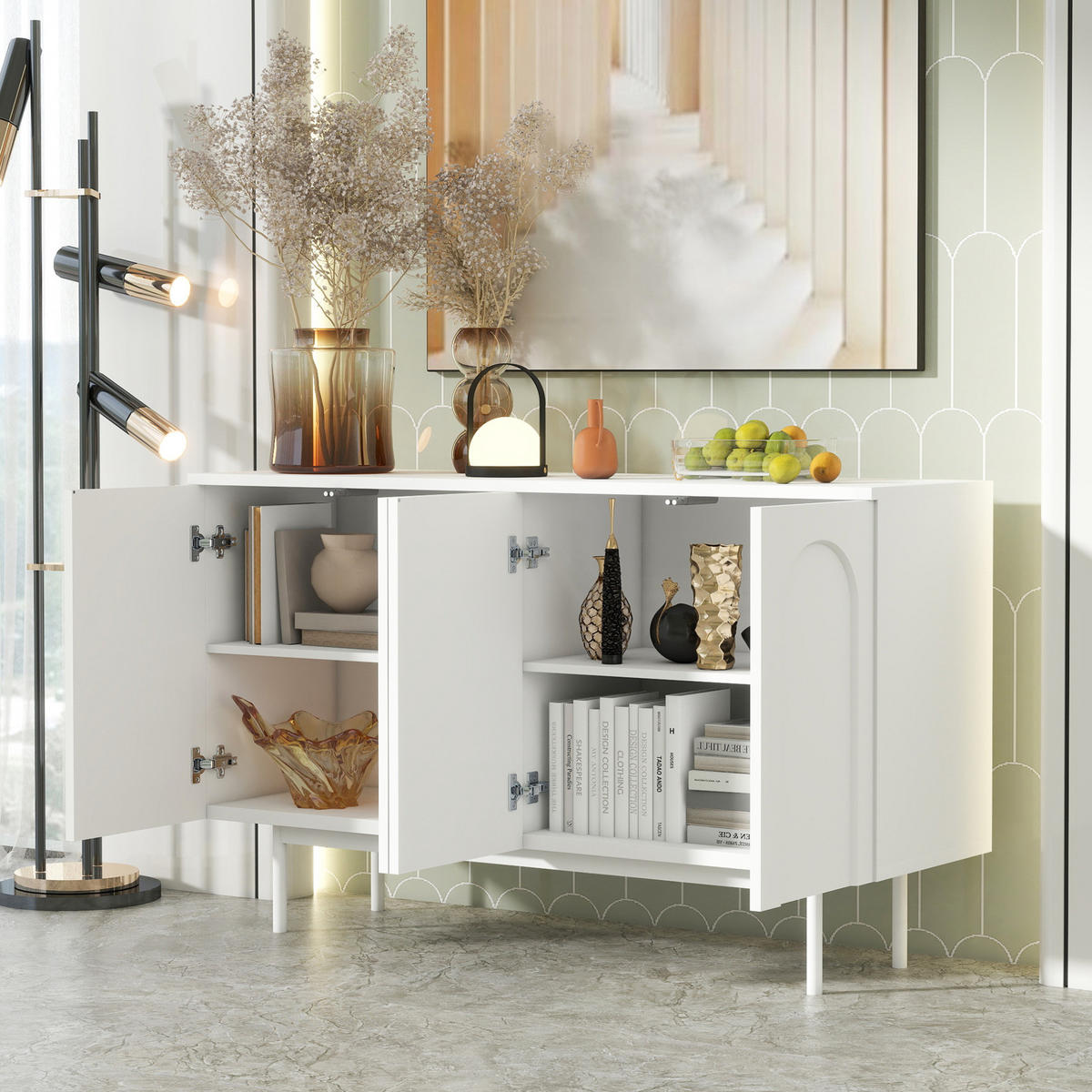 SIDEBOARD aus MDF und Spanplatte 140x42x80 cm Weiß mit 4 Türen, verstellbaren Einlegeböden und gewölbter Front - Weiß, Holzwerkstoff (140/80/42cm) - Modfu