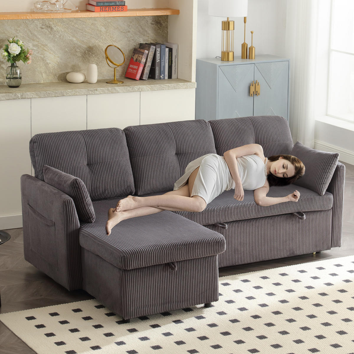 SCHLAFSOFA mit Stauraum, Ausziehbett und wechselbarer Chaiselongue - Dunkelgrau, Textil (206/66/108cm)