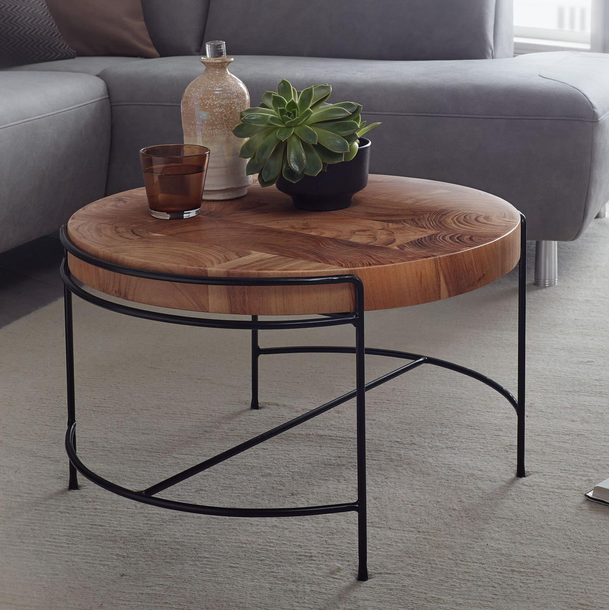 COUCHTISCH Industrial, Akazienholz Mattschwarz Metallgestell, 62x40x62 cm - Beige/Schwarz, Holz/Metall (62/62/40cm) - KADIMA DESIGN