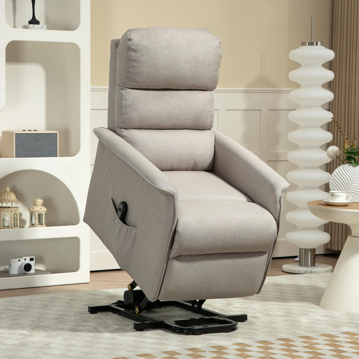 FERNSEHSESSEL mit Aufstehhilfe Elektrisch, Relaxsessel mit Liegefunktion Beige - Beige/Schwarz, Textil/Metall (90/96/66cm) - HOMCOM