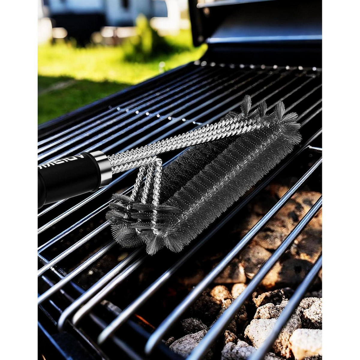 GRILLBÜRSTE mit Schaber Edelstahl dreireihig Langer Griff - Silberfarben, Metall (3/46/15cm)