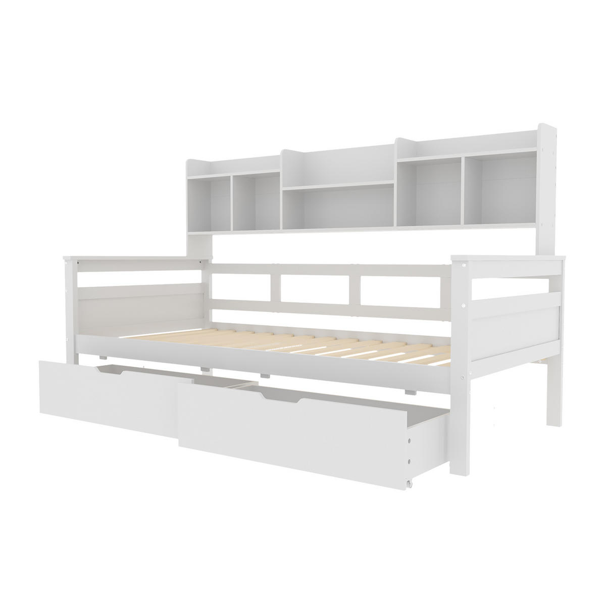 MULTIFUNKTIONSBETT 90/200 cm weiß aus Holz mit Schubladen und Regalfächern - Weiß, Holzwerkstoff (90/200cm) - OKWISH