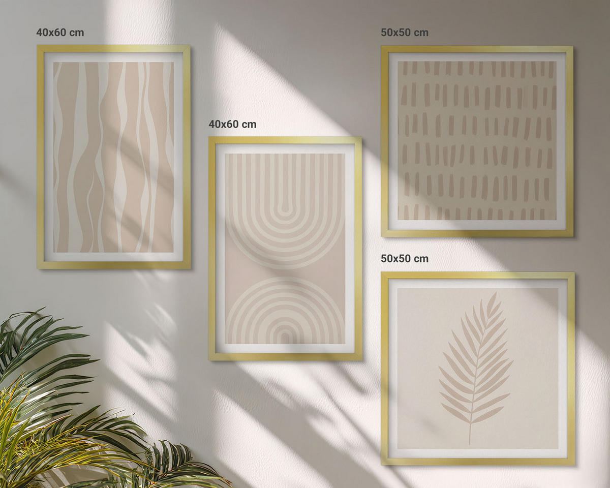 WANDBILDER 4er Set - 50x50 cm & 40x60 cm Goldrahmen - Beige Pflanzenmuster - Goldfarben, Kunststoff (50/50cm) - ArtPrintCave