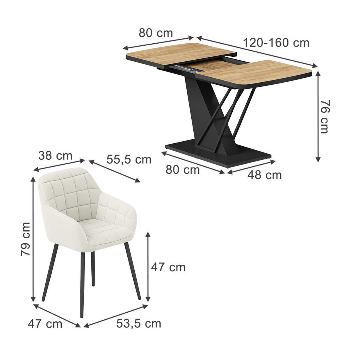 JEDILNA MIZA Fenaro, Zlati hrast z močjo/Črna, 120 x 80 cm s 4 jedilnimi stoli - črna/medeni hrast, leseni material (120/76/80cm) - Vicco