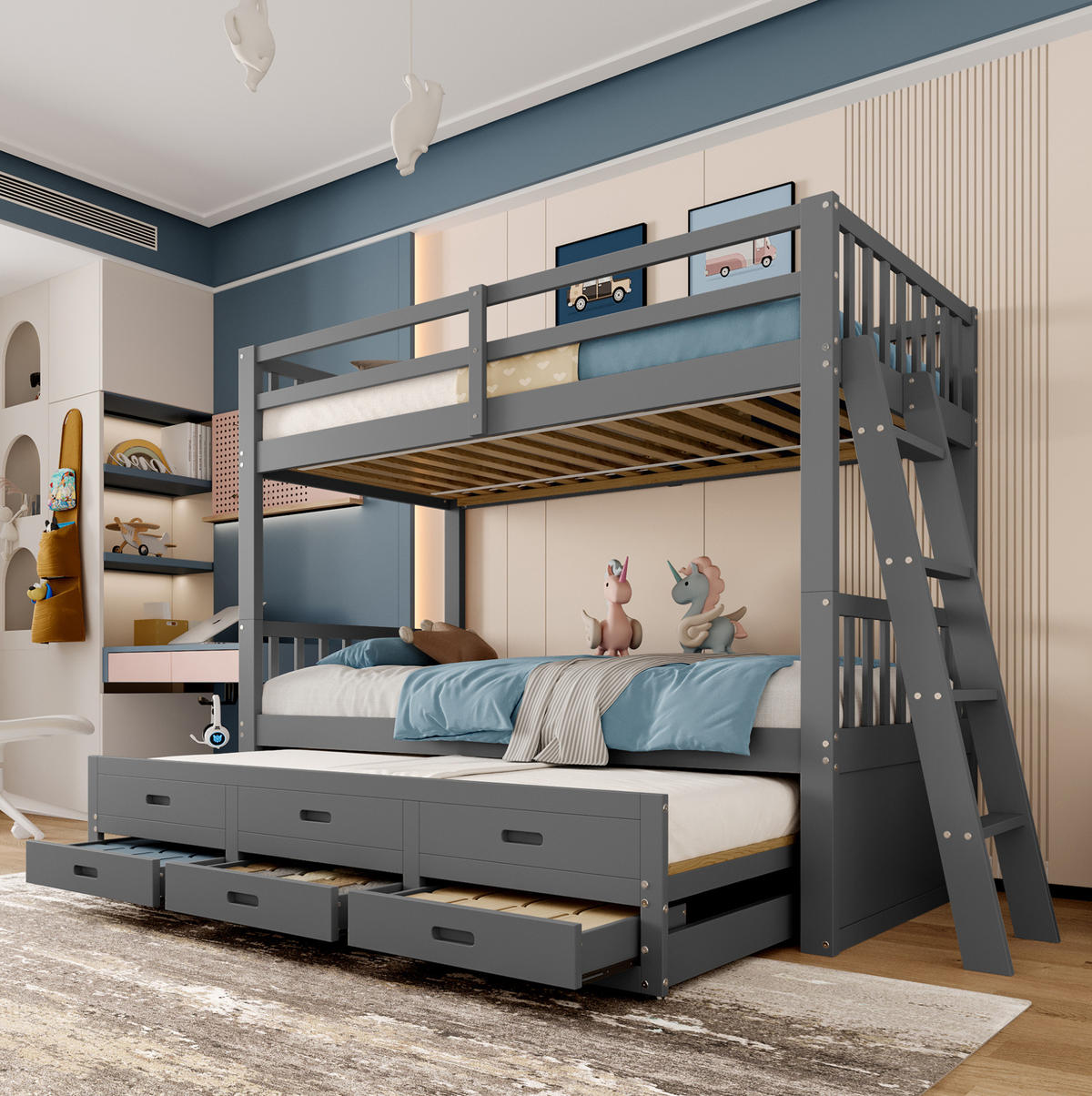 ETAGENBETT 90/200 cm mit Ausziehbett, 3 Schubladen und Leiter aus Kiefernholz und MDF, Grau - Grau, Holzwerkstoff (90/200cm) - Redom
