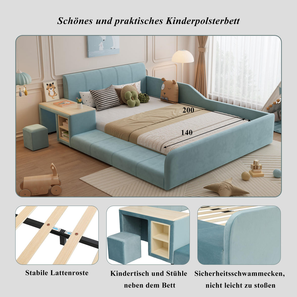POLSTERBETT 140/200 cm in Blau & Natur mit Schreibtisch, Hocker und Ablageboden Samt - Blau, Holzwerkstoff/Textil (140/200cm) - CHICFURN