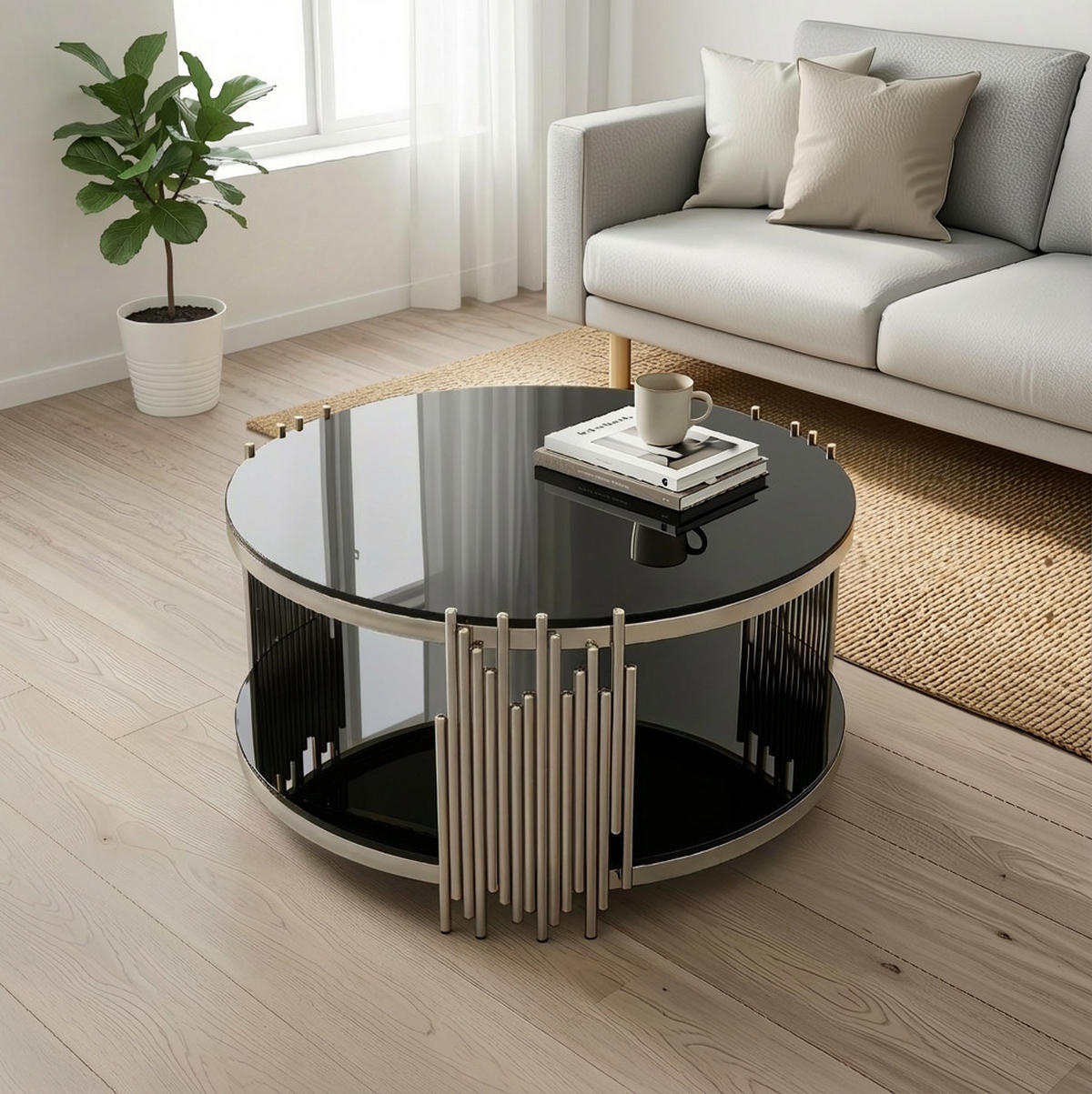 COUCHTISCH rund 2-stufig Schwarz Glas Silber - Schwarz, Glas (80/80/45cm) - Meubliv