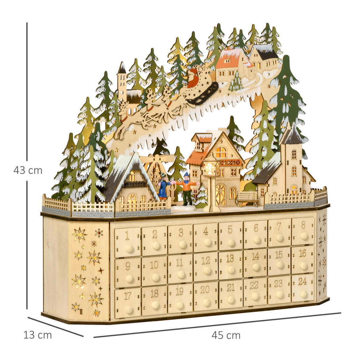 ADVENTSKALENDER zum Befüllen, 24 Schubladen Fächer, mit LED-Lichtern, Naturholz - Naturfarben, Kunststoff (13/43/45cm) - HOMCOM