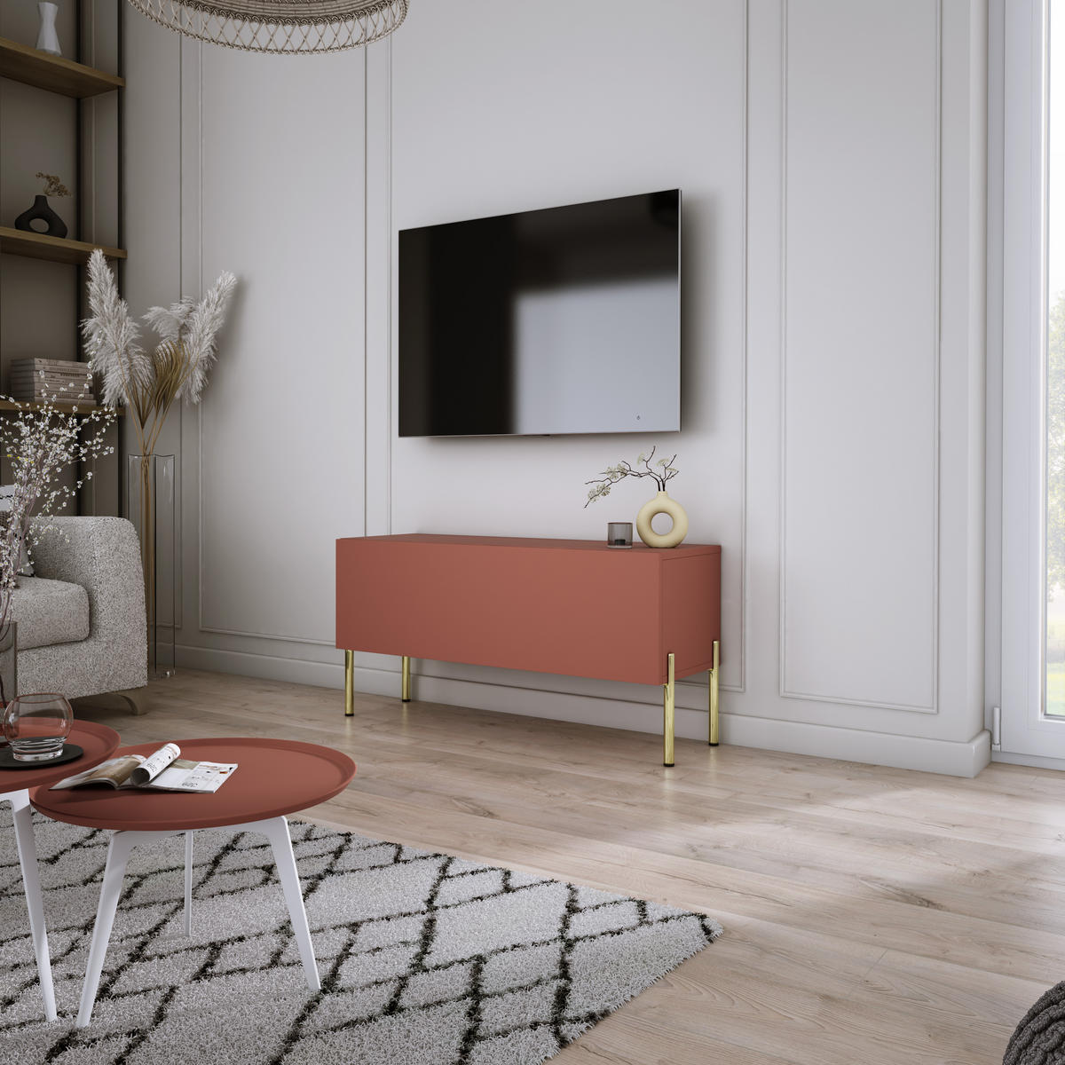 TV-SCHRANK : Ziegelrot, 100 x 52 x 32 cm, Goldene Beine - Rot/Goldfarben, Holzwerkstoff/Metall (100/52/32cm) - 3XE LIVING
