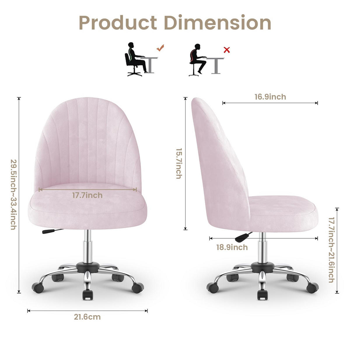 DREHSTUHL Rosa Samt ergonomisch drehbar - Pink, Metall (30/44.5/48.5cm) - Rattrix