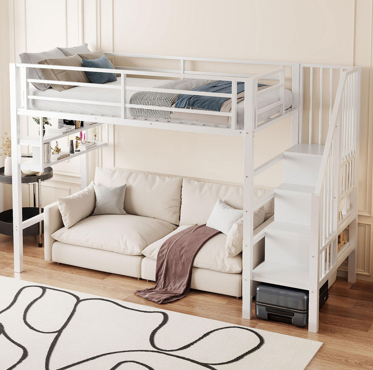 HOCHBETT 90/200 cm mit Stauraumleiter, Regalfächern und Freiraum unter dem Bett, Weiß - Weiß, Metall (90/200cm) - Redom