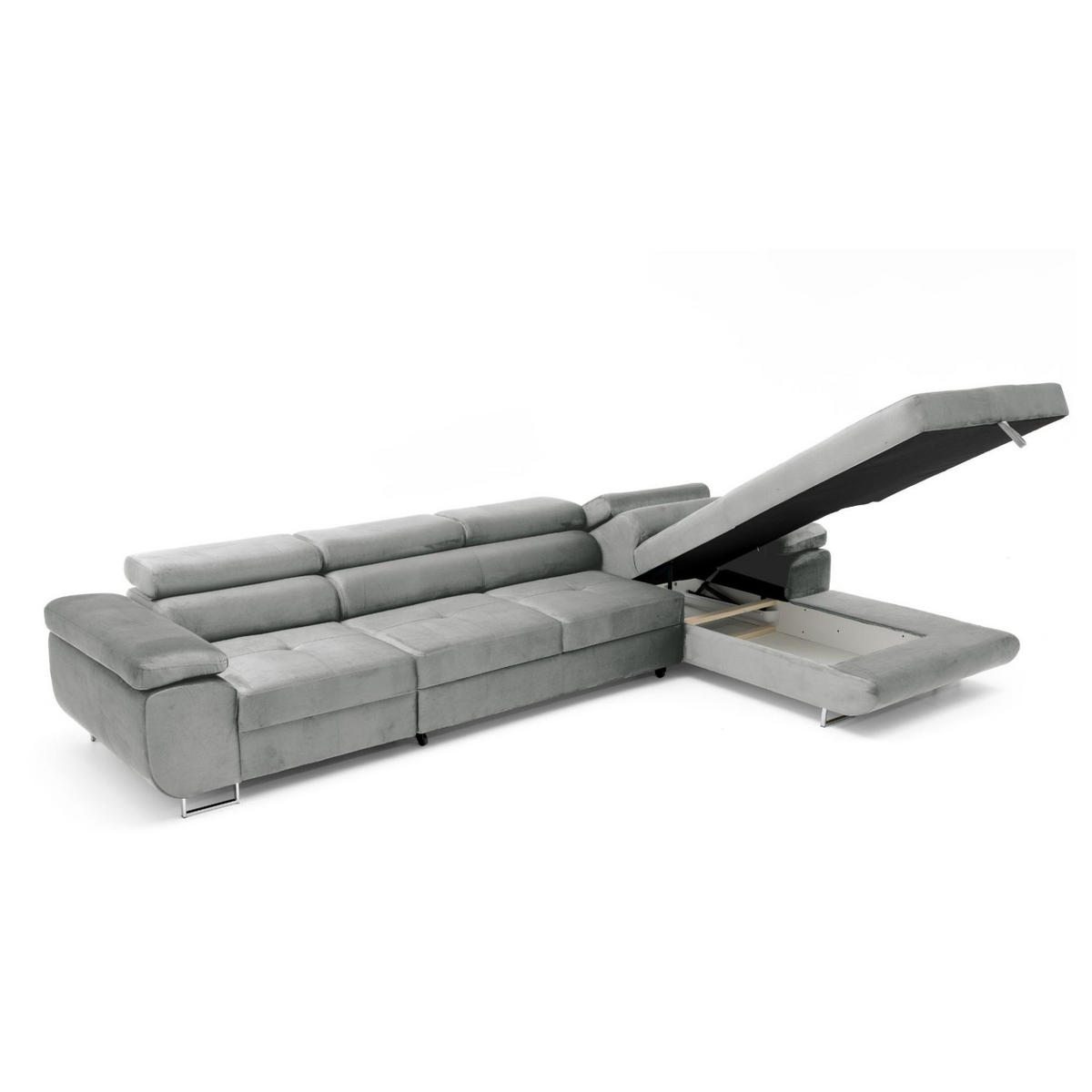 ECKSOFA ALONZO MAXI Rechts mit Schlaffunktion 125x195 Velours Hellgrau - Silberfarben/Hellgrau, Holz/Textil (203/350cm) - Muffo