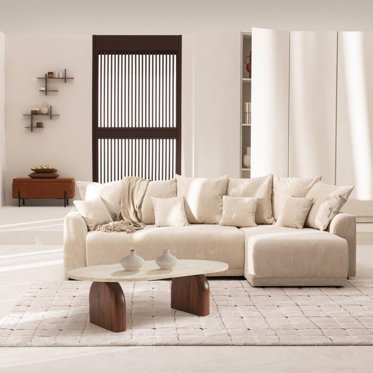 COUCHTISCH aus Holz mit Travertin-Effekt, 100x60 cm - LIPALI - Beige - Beige, Stein (100/60/31cm) - Drawer