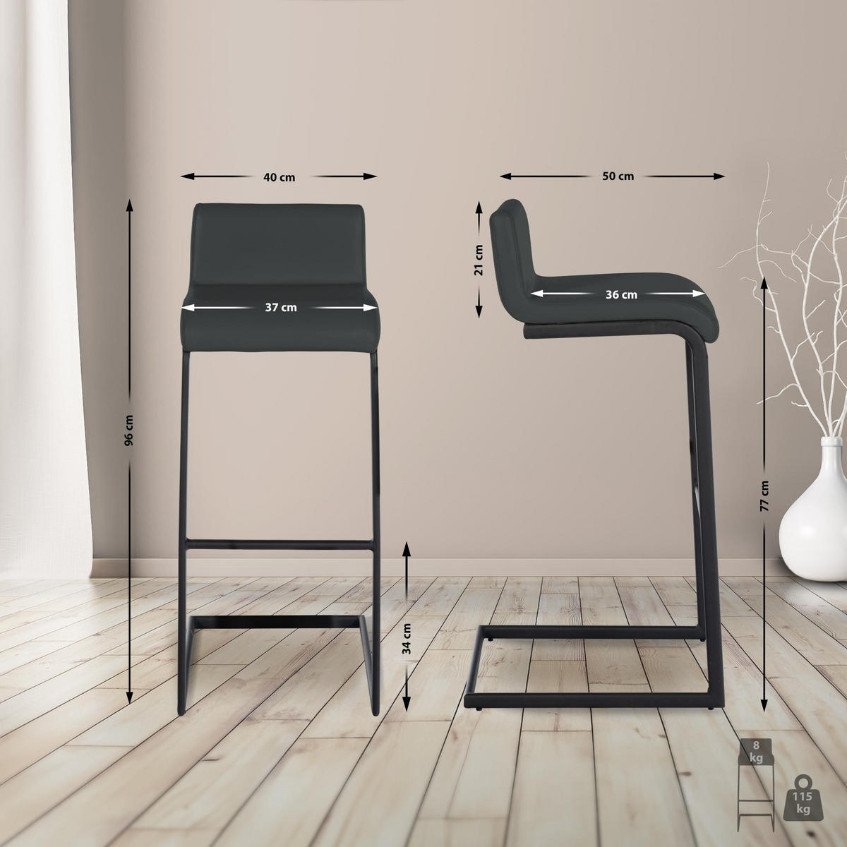 BARHOCKER Newport 40x50x96 cm Schwarz - Dunkelgrau, Metall (40/96/50cm) - furnicato