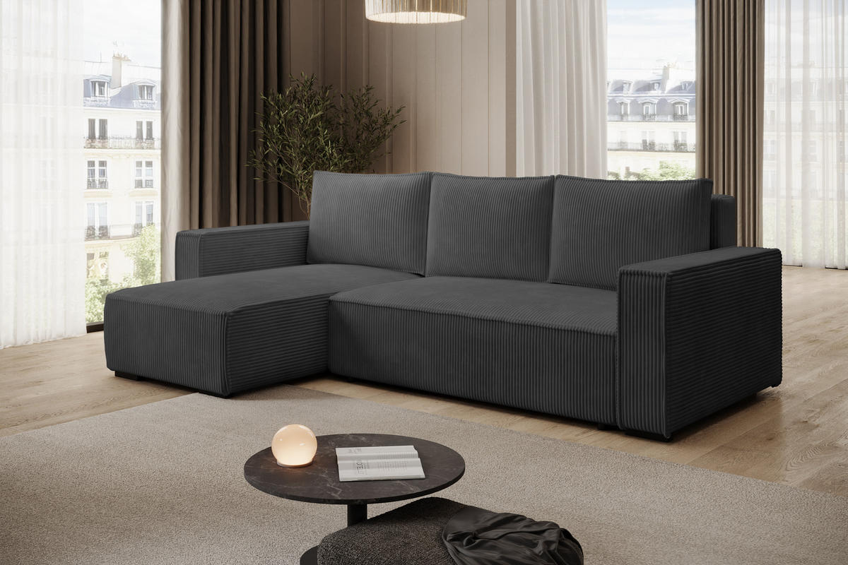 ECKSOFA CUDDY L, Eckcouch in L-Form mit Schlaffunktion und Bettkasten, Farbe: Dunkelgrau, Cordstoff, Ottomane Links - Dunkelgrau, Textil (240/140cm) - Storez24