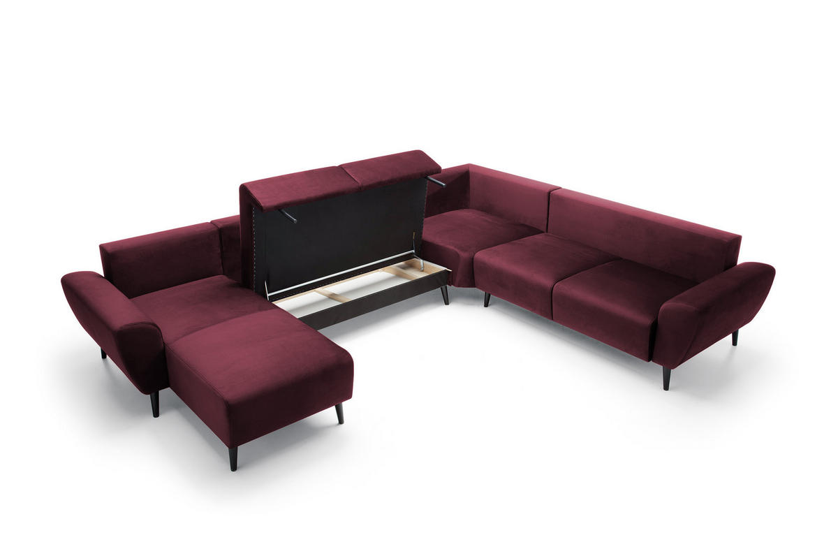 ECKSOFA BOSCO U-Form, Monolith-Stoff, Freistehend, mit verstellbaren Kopfstützen, Sofa für Familien, Größe: 340x270x98cm, Farbe: Burgunderrot - Bordeaux, Holz/Textil (270/340cm) - DomoHome