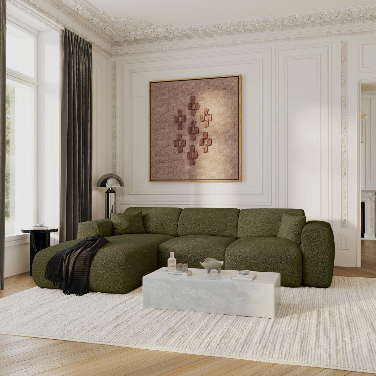 ECKSCHLAFSOFA Bouclé-Stoff Olivgrün 283cm - Olivgrün, Textil (283/180cm) - Sia Home