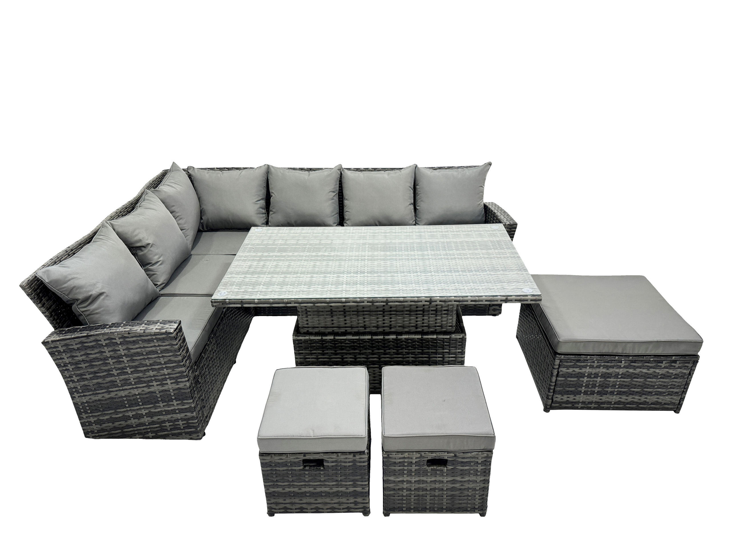 GARTEN-ECKSOFAGARNITUR mit höhenverstellbarer Tisch Polyrattan 9-Sitzer - Dunkelgrau/Grau, Glas/Kunststoff - Fimous