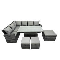 GARTEN-ECKSOFAGARNITUR mit höhenverstellbarer Tisch Polyrattan 9-Sitzer - Dunkelgrau/Grau, Glas/Kunststoff - Fimous