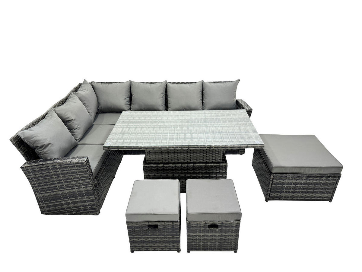 GARTEN-ECKSOFAGARNITUR mit höhenverstellbarer Tisch Polyrattan 9-Sitzer - Dunkelgrau/Grau, Glas/Kunststoff - Fimous