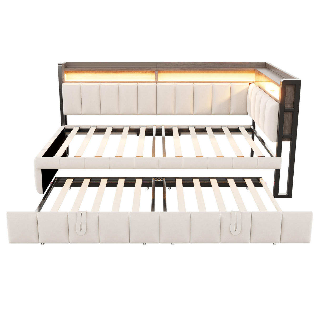 POLSTERBETT Schlafsofa Samt 90x200 cm Beige mit Ausziehbett, LED-Beleuchtung, USB- und Typ-C-Anschlüssen - Beige, Textil (90/200cm) - Modfu