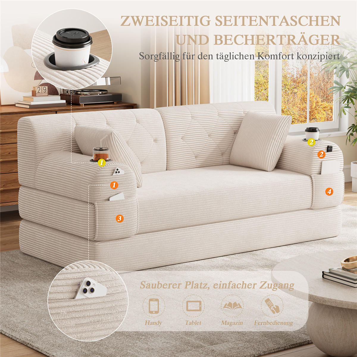 SCHLAFSOFA 2-Sitzer Cord Lounge mit Taschen & Getränkehaltern, Beige - Beige, Textil (168/81/80cm) - Kaket