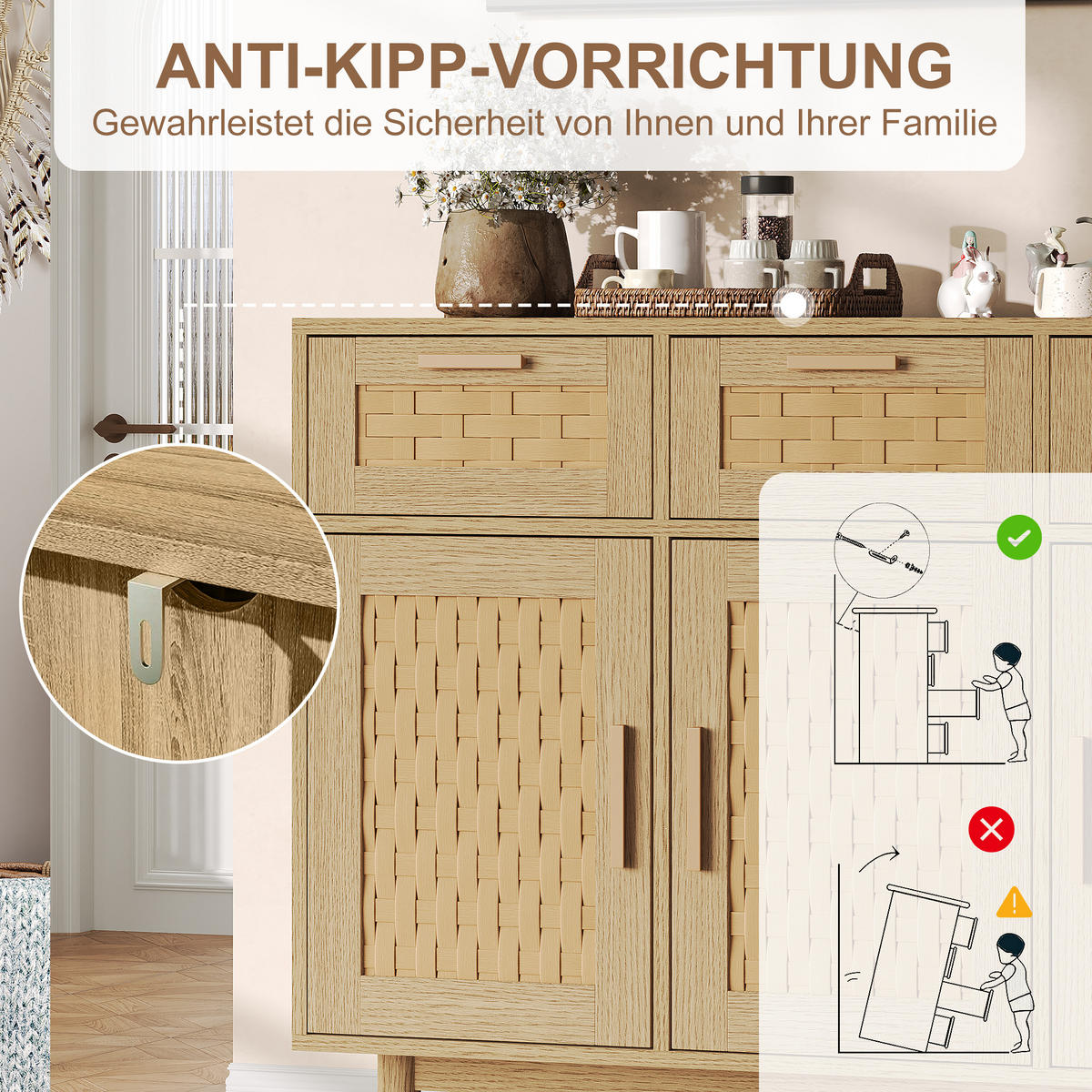 SIDEBOARD 108x40x80 cm Rattan 3 Türen 3 Schubladen natur - Naturfarben, Holz (107.9/80/40cm) - LEBENLANG