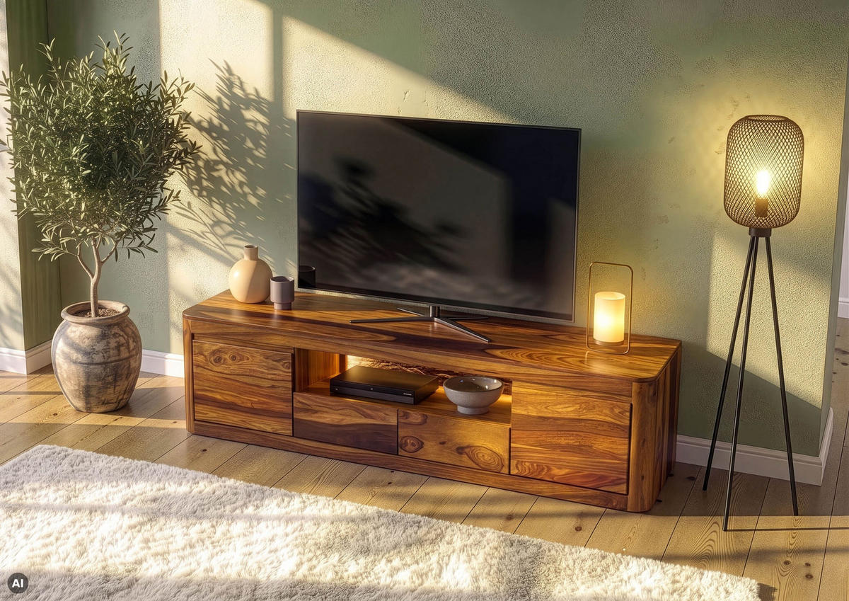 TV-BOARD Sheesham 200x45x50 walnuss gewachst TORONTO LUX #251 - Dunkelbraun, Holz (200/50/45cm) - Massivmoebel24