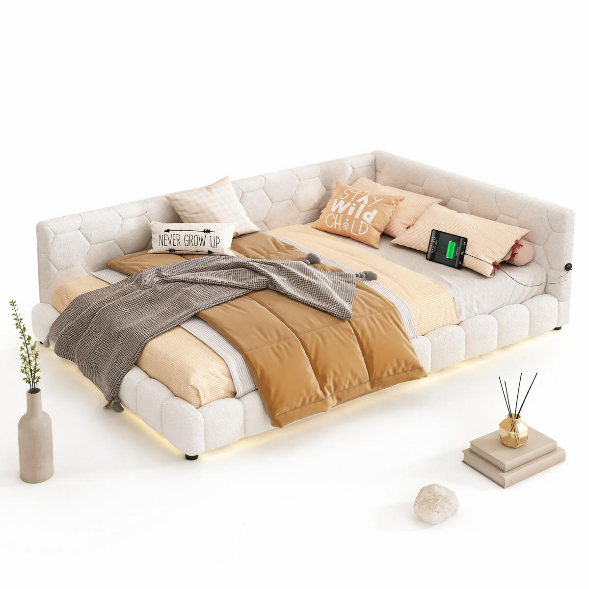 TAGESBETT 140/200 cm Weiß mit LED, USB und Typ-C ohne Matratze - Weiß, Textil (140/200cm) - MIVRAY