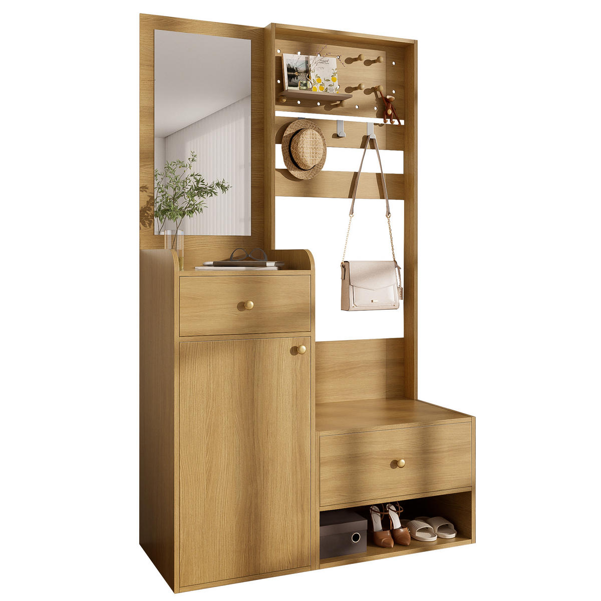 OMARA za oblačila 105/38/180 cm z ogledalom, 2 predaloma, zaprtim prostorom in odprto polico, Wood - naravne barve, leseni material (38/180/105cm) - Redom
