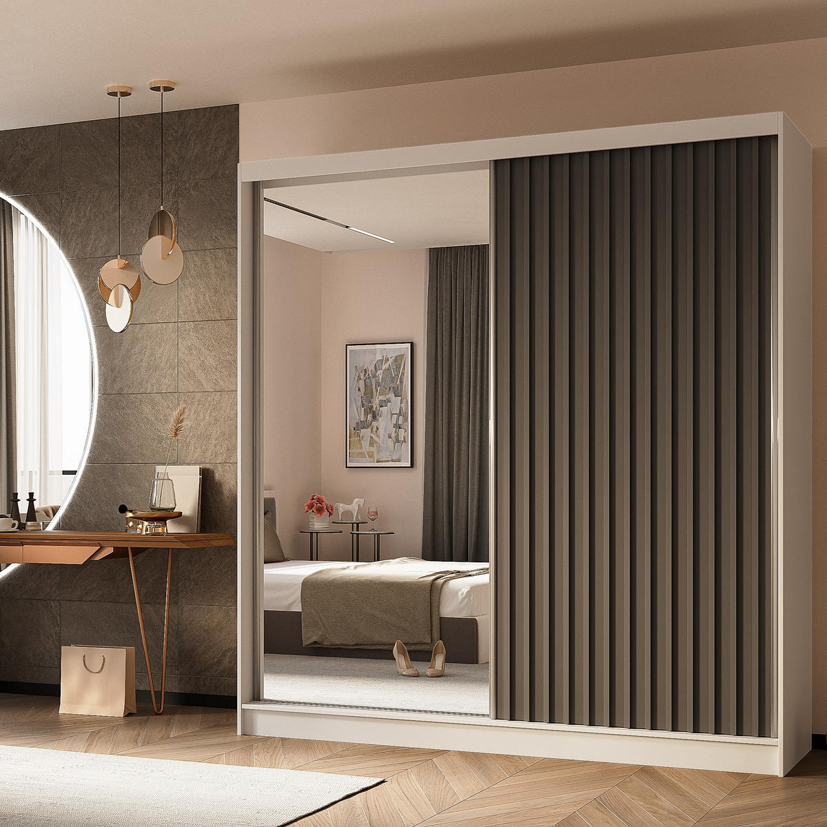 SCHWEBETÜRENSCHRANK LAMELLO 200/216/61 cm 2-türig mit Spiegel Weiß - Weiß/Grau, Holzwerkstoff (200/216/61cm) - MASSENO