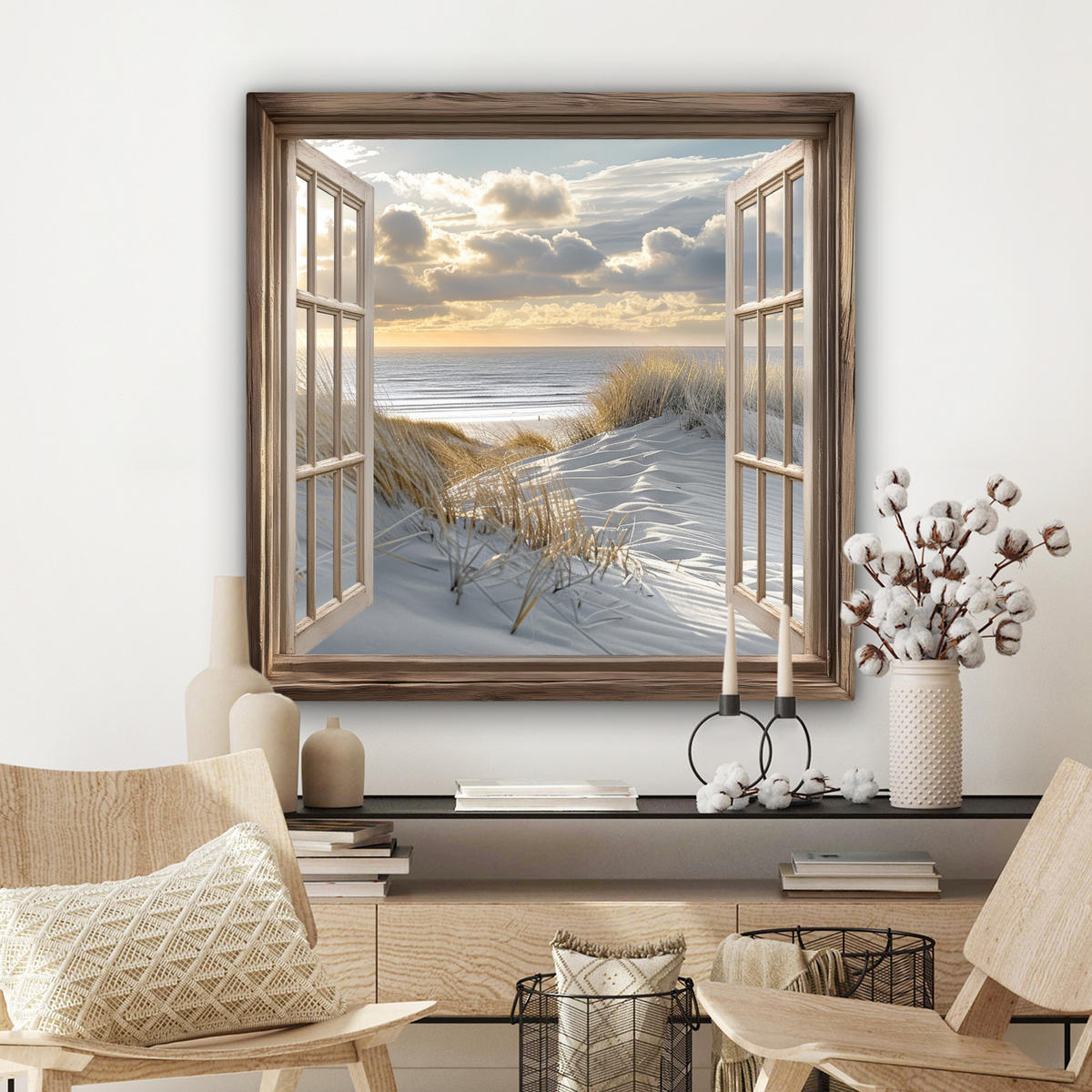 LEINWANDBILD Ausblick - Strand - Dünen - Meer - Natur 90x90 cm - Sandfarben, Textil (90/90cm) - MuchoWow